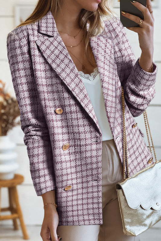 Blazer elegante de tweed a cuadros en color burdeos