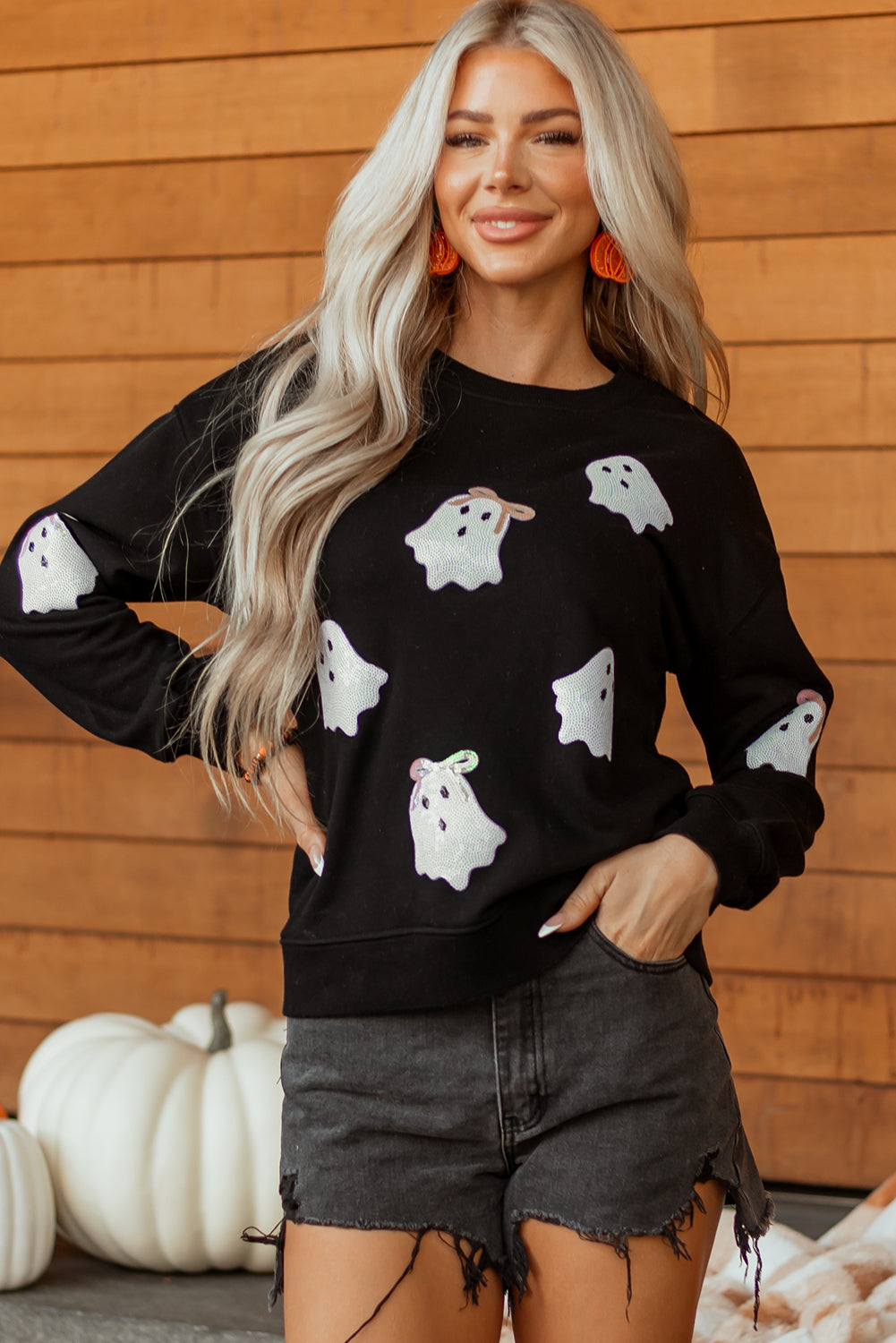 Sudadera de Halloween con cuello redondo, estampado de fantasma con lazo y lentejuelas negras