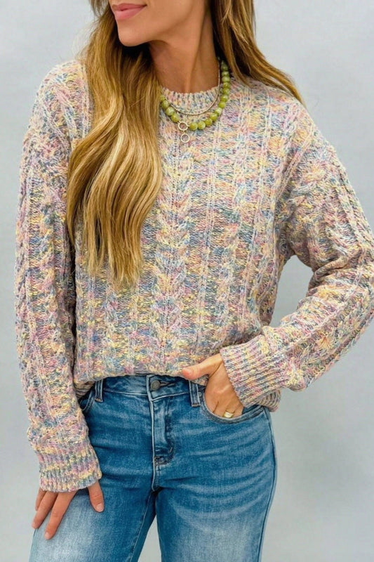 Suéter multicolor de punto trenzado, cuello redondo y manga larga con efecto confeti