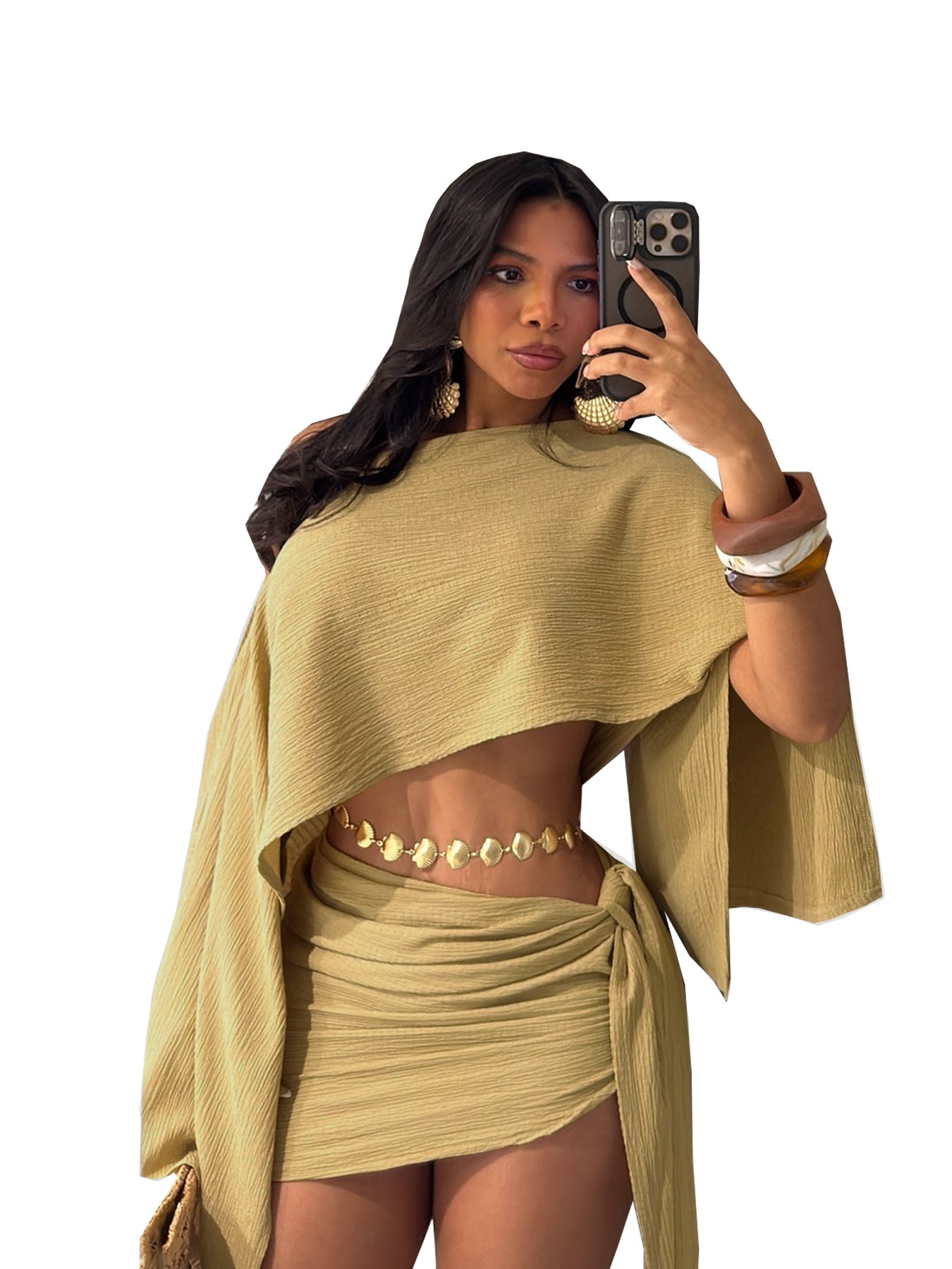 Conjunto de top con hombros descubiertos y falda ajustada con lazo en la parte delantera - Bego Fashion