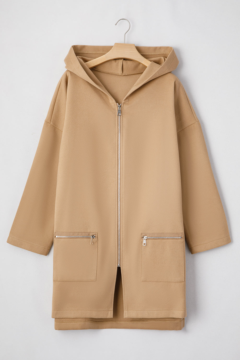Abrigo casual de color liso beige francés claro con cremallera y capucha