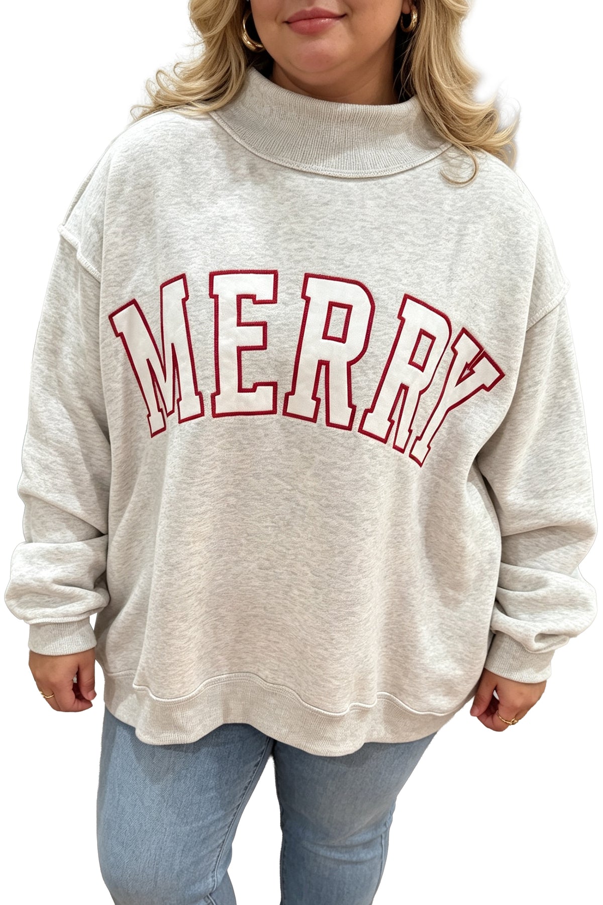 Sudadera gris de talla grande con cuello perkins, estampado de letras "Merry" y bordado.