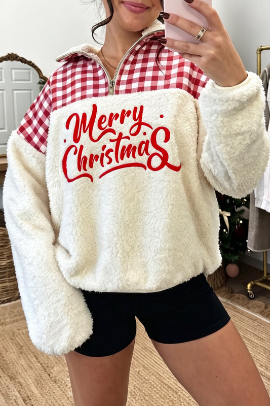 Sudadera holgada blanca de felpa con estampado de cuadros y parches, con motivo de Feliz Navidad