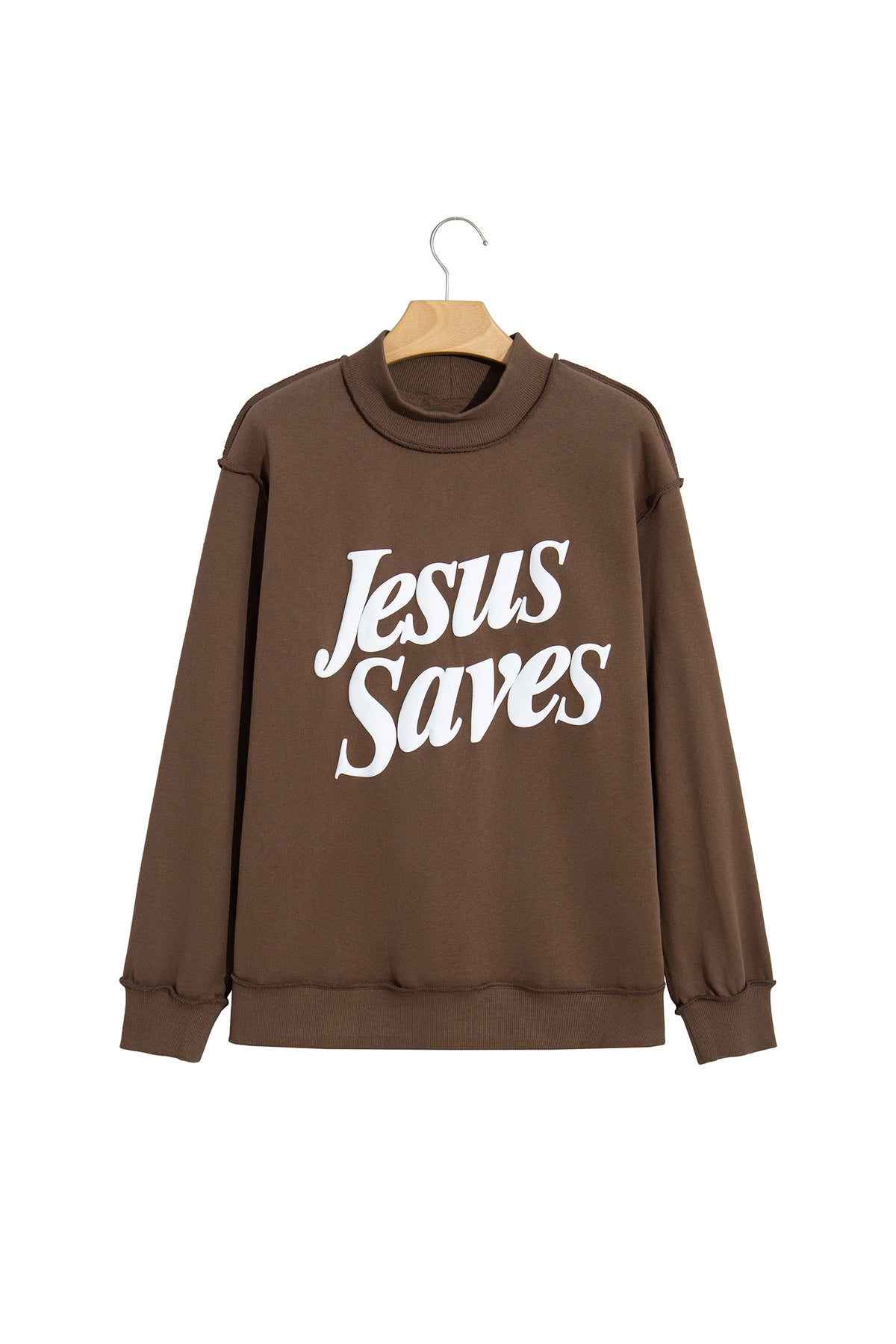 Sudadera holgada de color marrón oscuro con cuello alzado y estampado del eslogan «Jesus Saves»