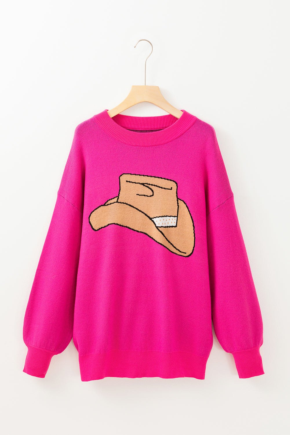 Suéter oversize de color rojo intenso con hombros caídos y diseño de sombrero de vaquero "Yeehaw"
