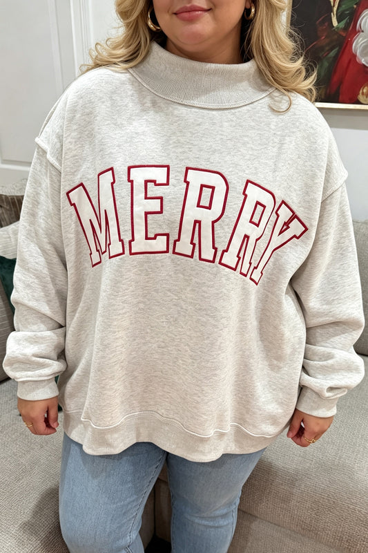 Sudadera gris de talla grande con cuello perkins, estampado de letras "Merry" y bordado.