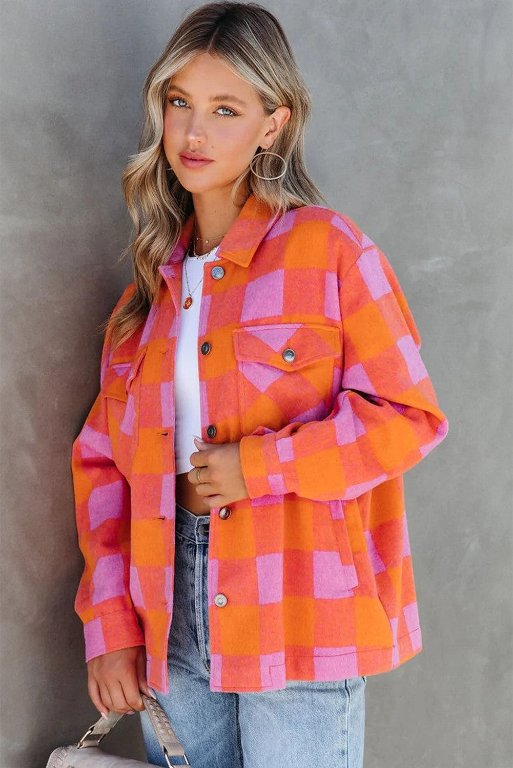 Orange Plaid Chest Pockets Button-up Turn Down Collar Jacket - Bego Fashion