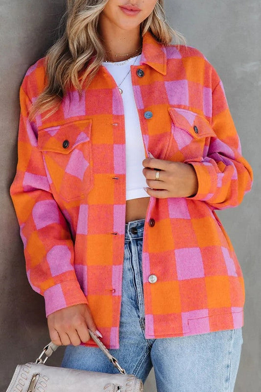 Orange Plaid Chest Pockets Button-up Turn Down Collar Jacket - Bego Fashion