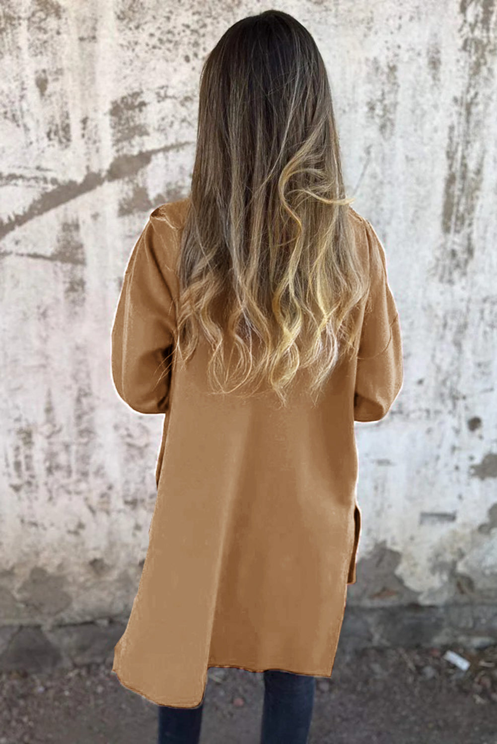 Abrigo casual de color liso beige francés claro con cremallera y capucha