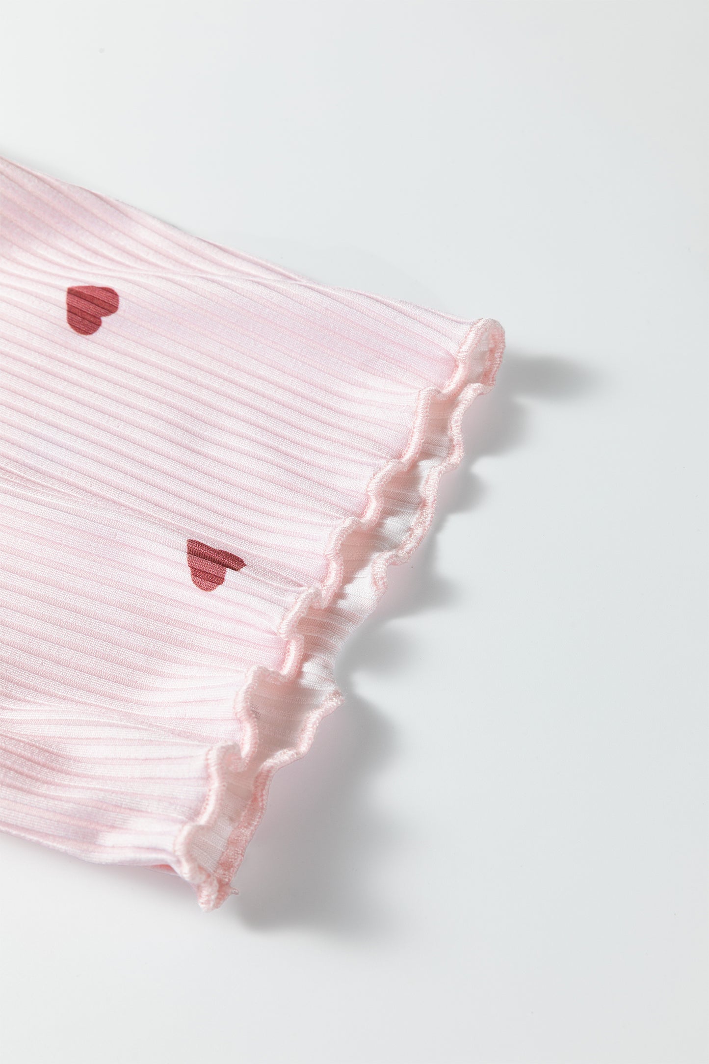 Conjunto de estar por casa corto de punto acanalado con estampado de corazón de San Valentín en rosa claro - Bego Fashion