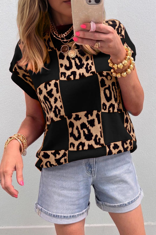 Suéter de punto de manga corta con estampado de leopardo negro y cuadros - Bego Fashion