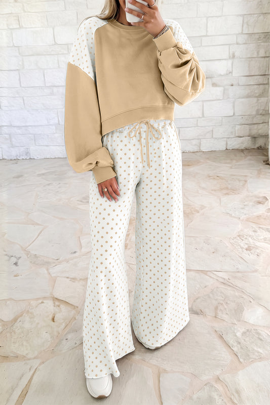 Conjunto casual de dos piezas con pantalón y manga larga, estilo patchwork y bloques de color, en color caqui con estampado de lunares.