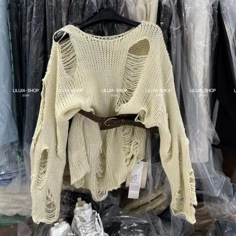 Suéter retro americano de manga larga calada con cinturón - Bego Fashion