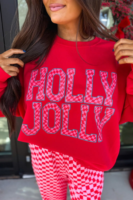 Conjunto de dos piezas de pantalón y top con estampado de cuadros, gráfico con eslogan navideño y detalles en contraste (rojo)