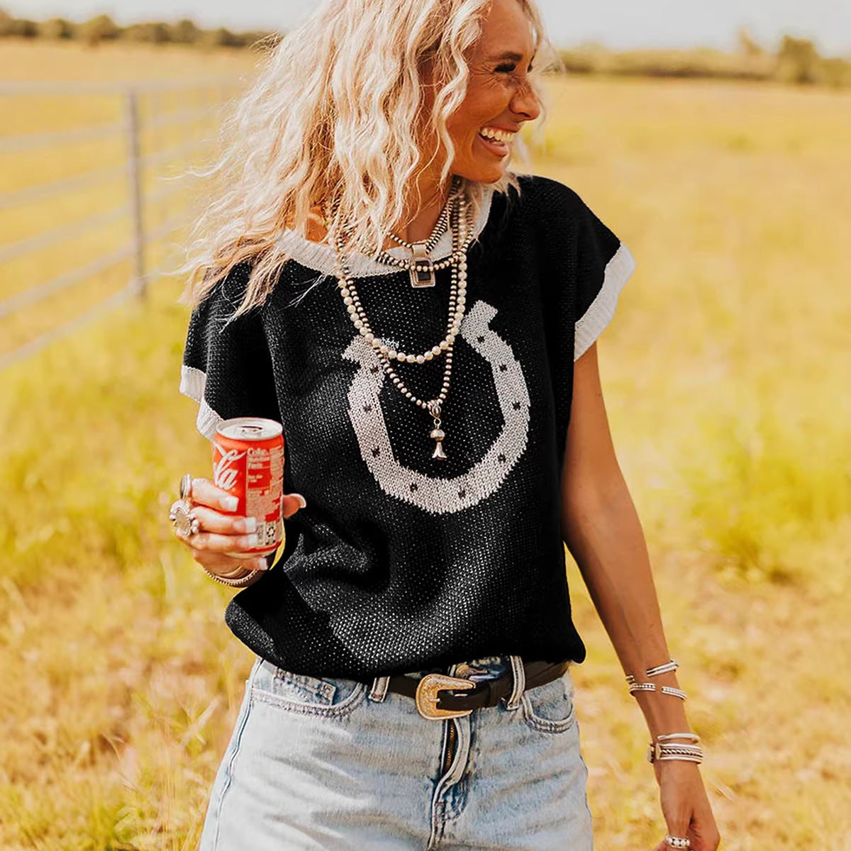 Jersey de punto de manga corta con cuello redondo para mujer - Bego Fashion