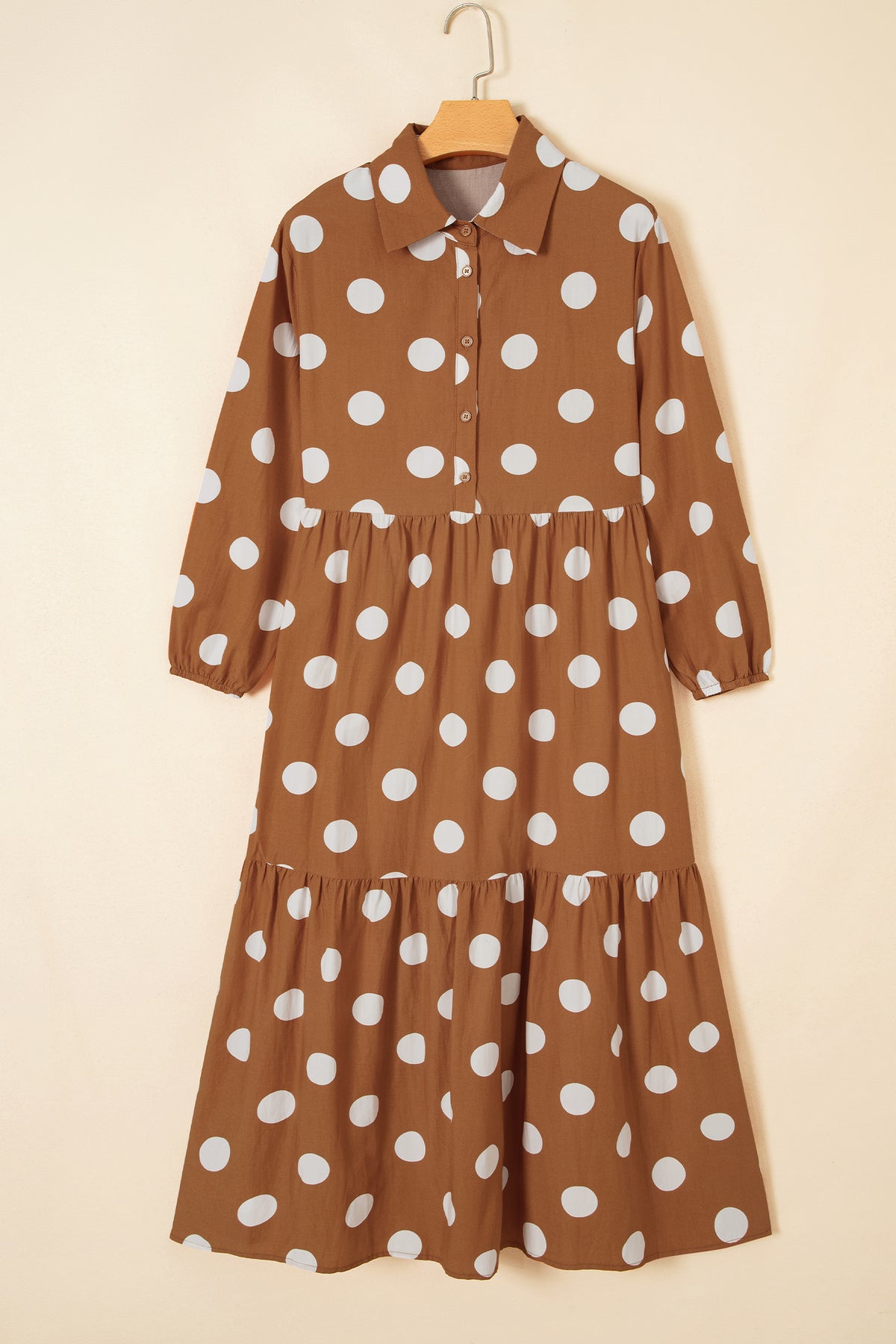 Vestido recto de manga larga con botones delanteros y estampado de lunares (Apricot)