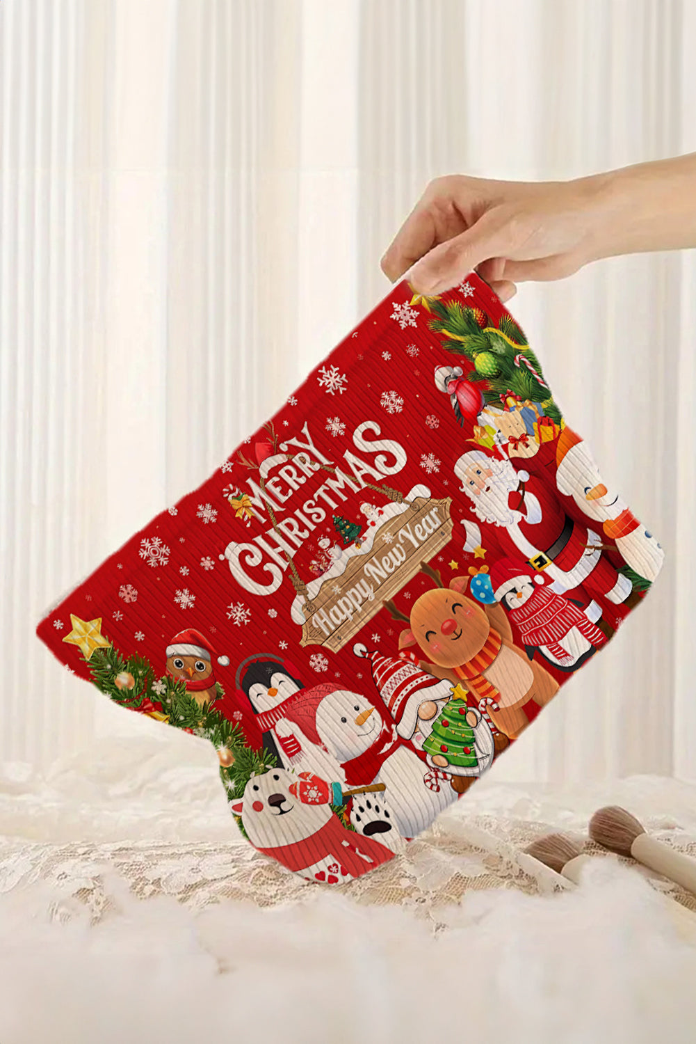 Neceser de pana rojo intenso «Feliz Navidad y Próspero Año Nuevo»