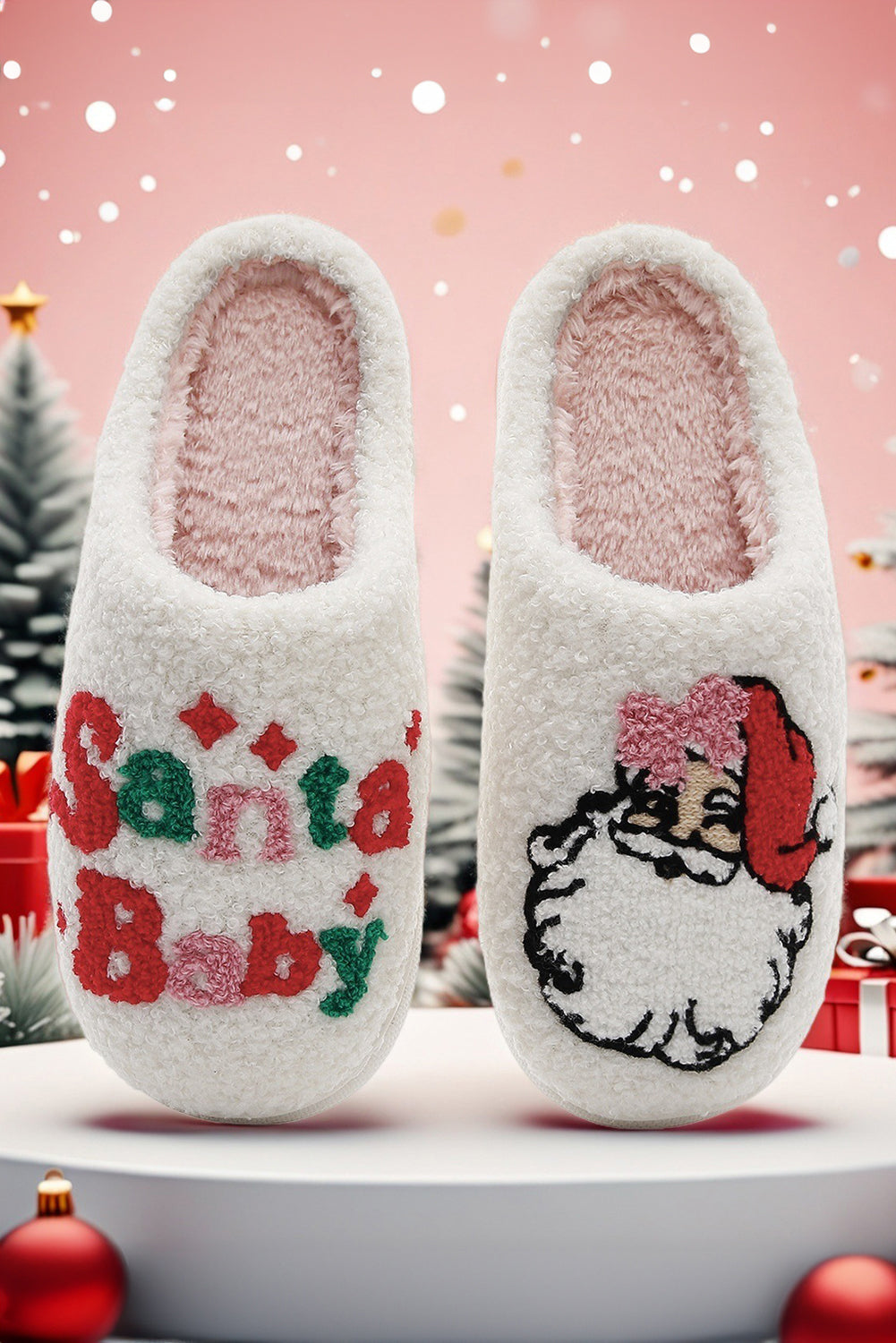 Pantuflas asimétricas de felpa blanca para casa, estilo Santa Baby
