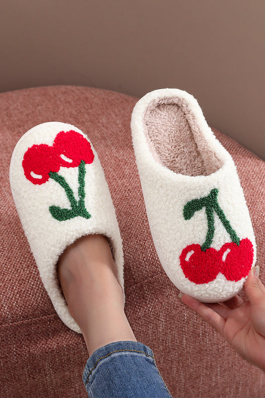 Pantuflas de felpa blancas para invierno con estampado de cerezas