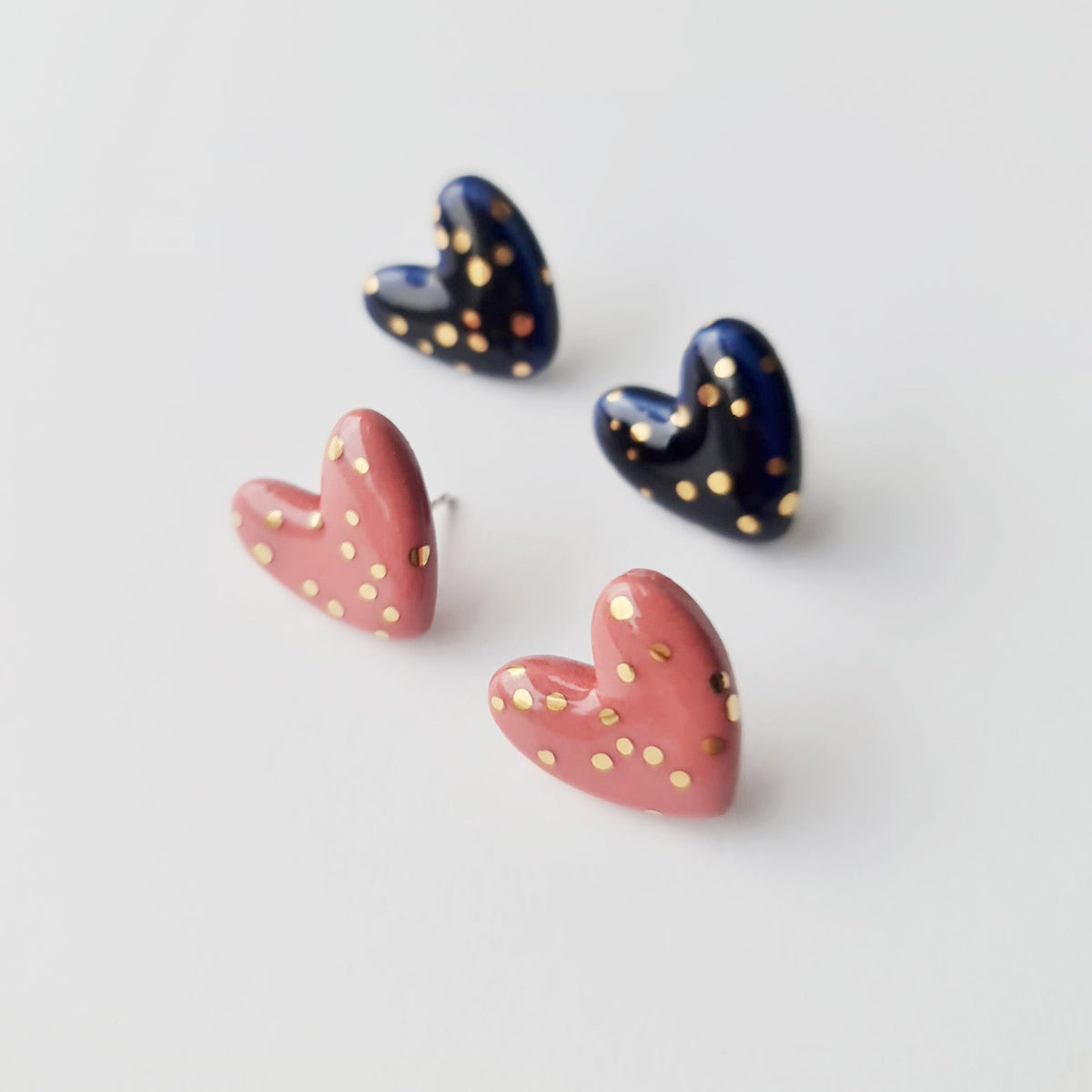 Dotted Porcelain Heart Studs -  Pink